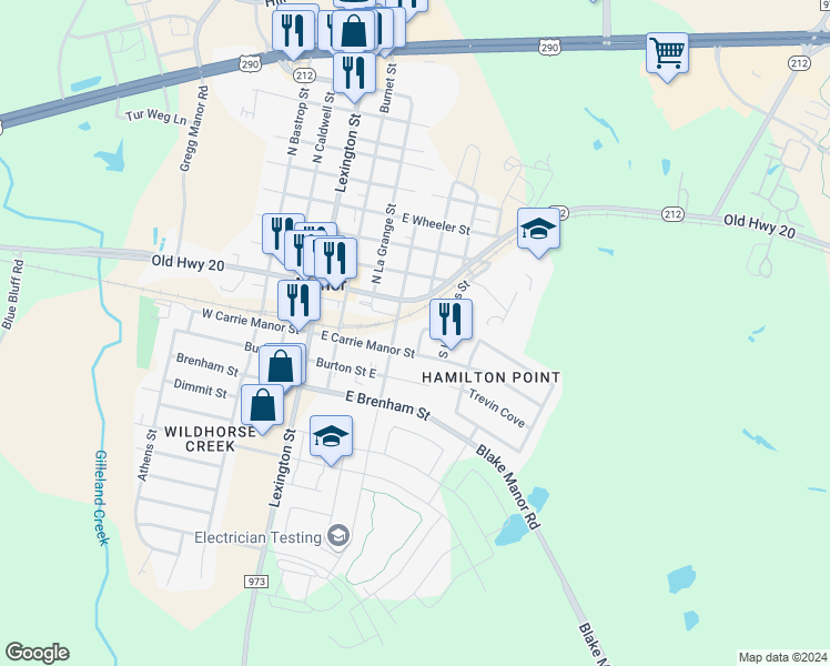 map of restaurants, bars, coffee shops, grocery stores, and more near 101 South Lockhart Street in Manor