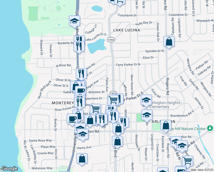 map of restaurants, bars, coffee shops, grocery stores, and more near 1824 Paine Avenue in Jacksonville