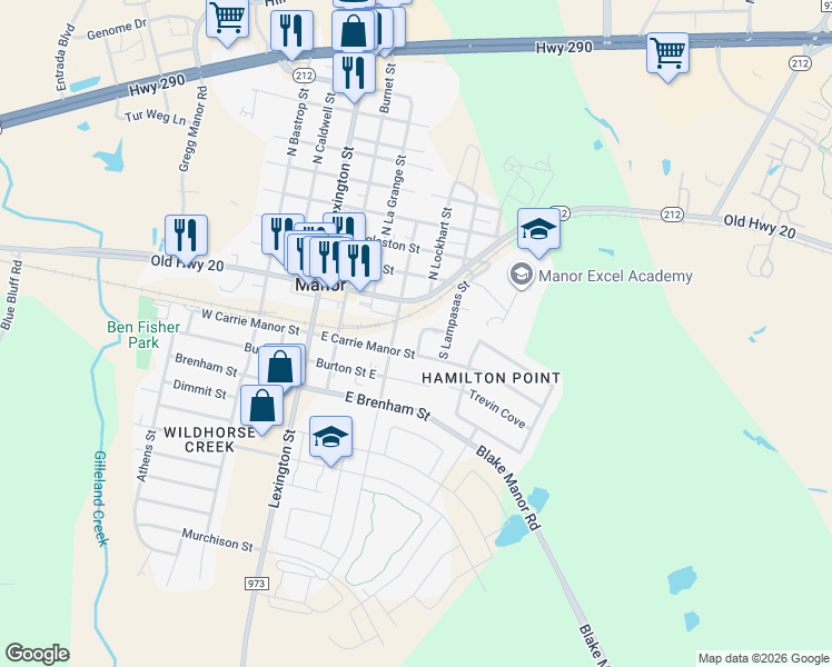 map of restaurants, bars, coffee shops, grocery stores, and more near 101 South Lockhart Street in Manor