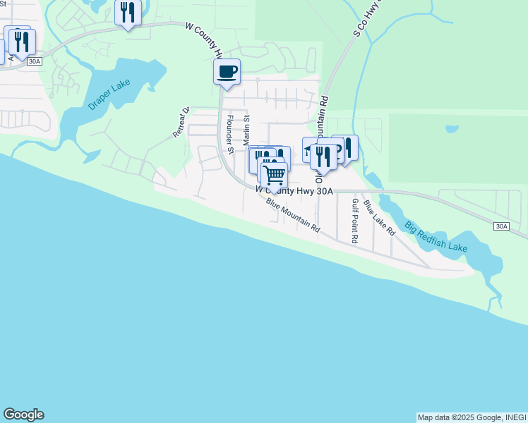 map of restaurants, bars, coffee shops, grocery stores, and more near 56 Blue Mountain Road in Santa Rosa Beach