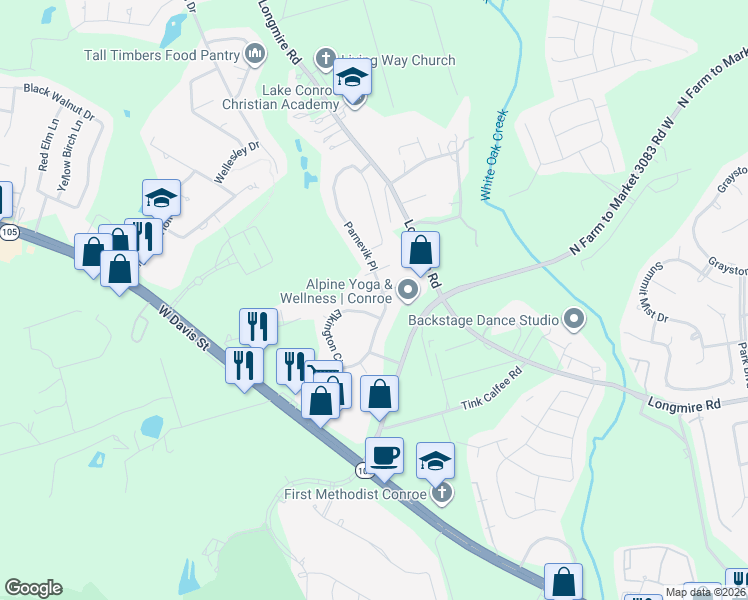 map of restaurants, bars, coffee shops, grocery stores, and more near 1910 Elkington Circle in Conroe