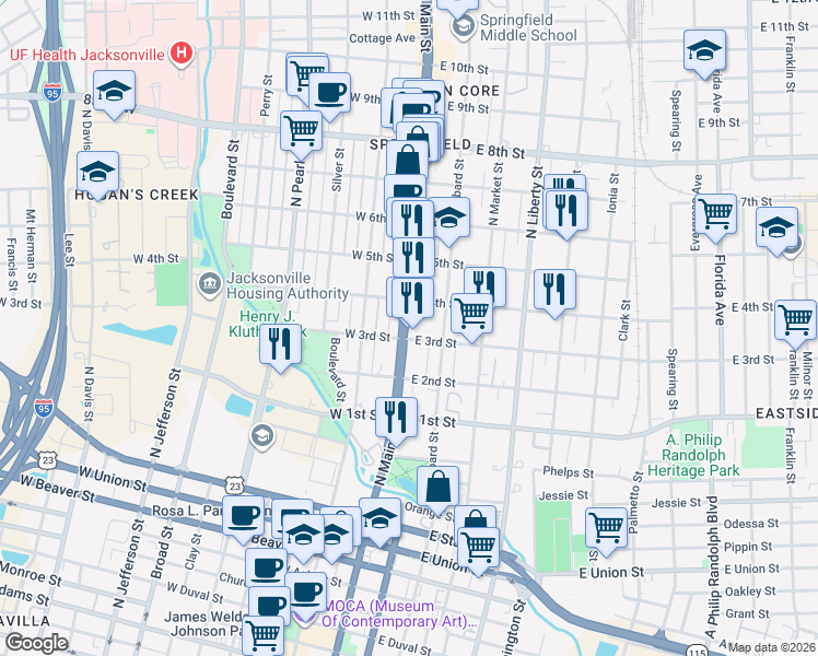 map of restaurants, bars, coffee shops, grocery stores, and more near 1303 North Main Street in Jacksonville