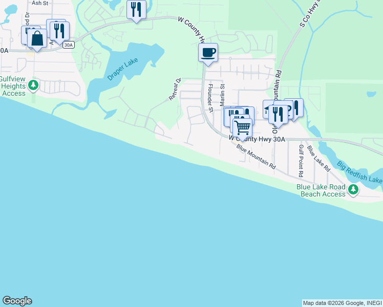 map of restaurants, bars, coffee shops, grocery stores, and more near 46 White Cliffs Boulevard in Santa Rosa Beach