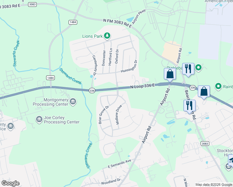 map of restaurants, bars, coffee shops, grocery stores, and more near 2073 Briar Grove Drive in Conroe