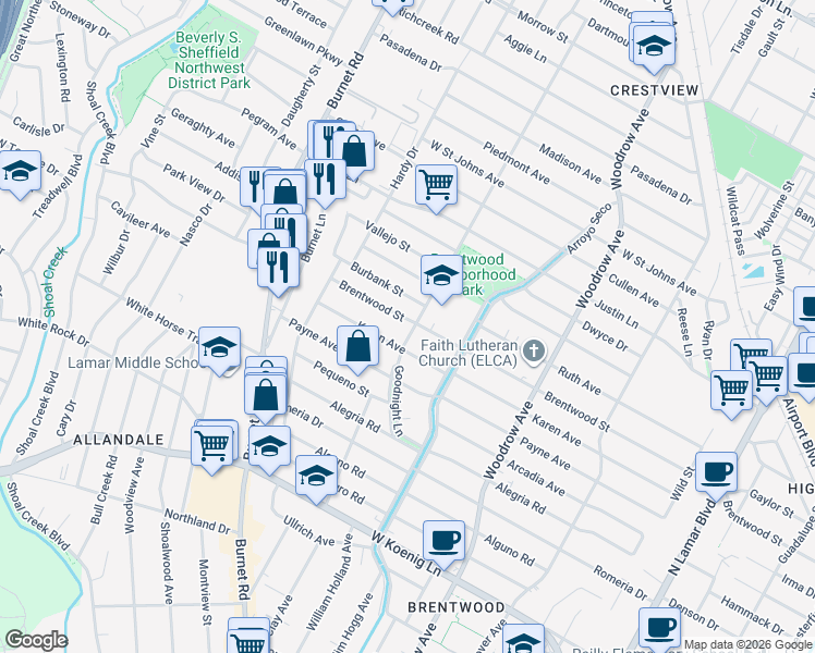 map of restaurants, bars, coffee shops, grocery stores, and more near 1902 Karen Avenue in Austin