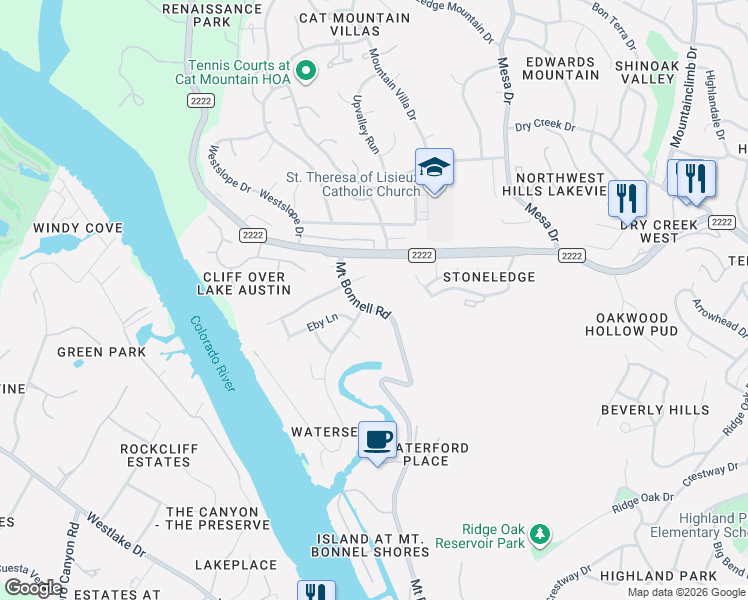 map of restaurants, bars, coffee shops, grocery stores, and more near 5507 Mount Bonnell Road in Austin