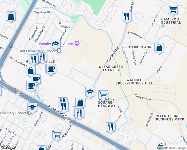 map of restaurants, bars, coffee shops, grocery stores, and more near 1418 Park Center Drive in Austin