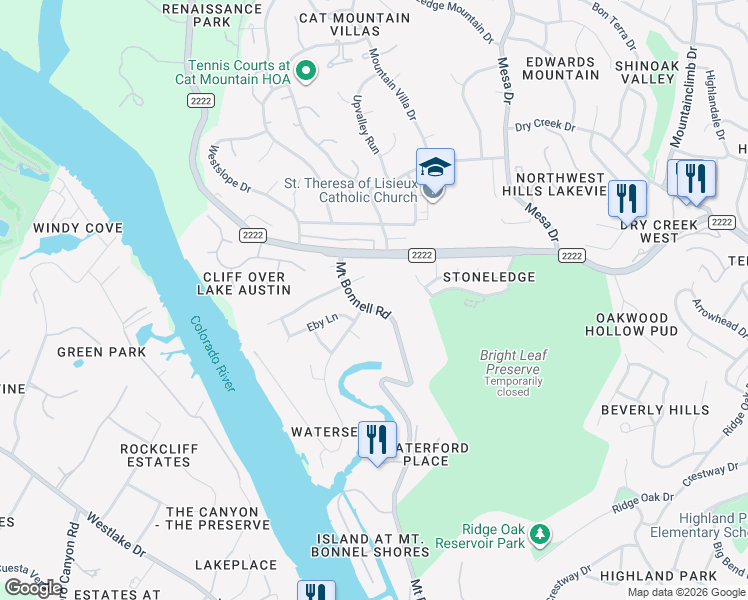 map of restaurants, bars, coffee shops, grocery stores, and more near 5431 Tortuga Trail in Austin