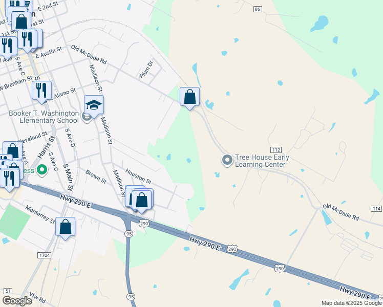 map of restaurants, bars, coffee shops, grocery stores, and more near 939 Old McDade Road in Elgin