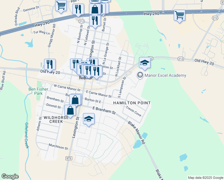 map of restaurants, bars, coffee shops, grocery stores, and more near 501 East Carrie Manor Street in Manor