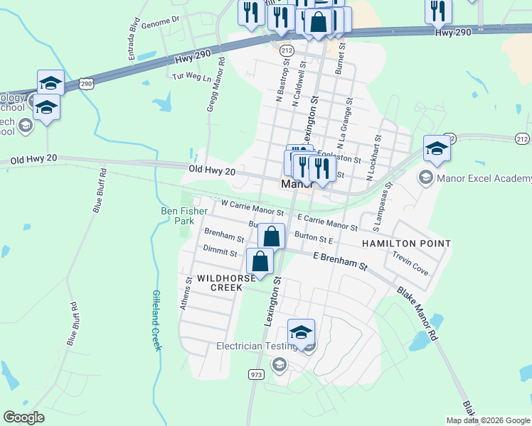 map of restaurants, bars, coffee shops, grocery stores, and more near 206 West Carrie Manor Street in Manor