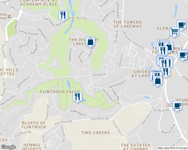 map of restaurants, bars, coffee shops, grocery stores, and more near 105 The Hills Drive in The Hills