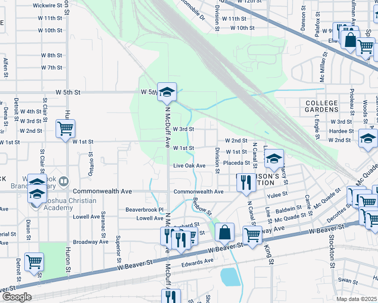 map of restaurants, bars, coffee shops, grocery stores, and more near 2402 West 1st Street in Jacksonville