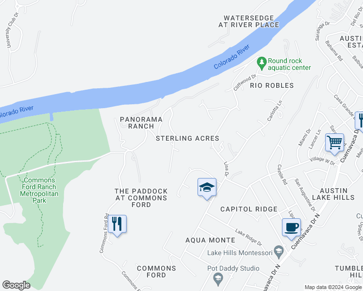 map of restaurants, bars, coffee shops, grocery stores, and more near 10503 War Bonnet Dr in Austin