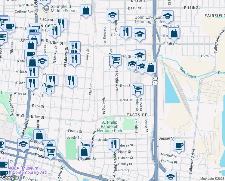 map of restaurants, bars, coffee shops, grocery stores, and more near 1328 Evergreen Avenue in Jacksonville