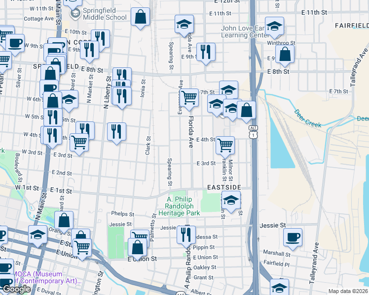 map of restaurants, bars, coffee shops, grocery stores, and more near 1328 Evergreen Avenue in Jacksonville