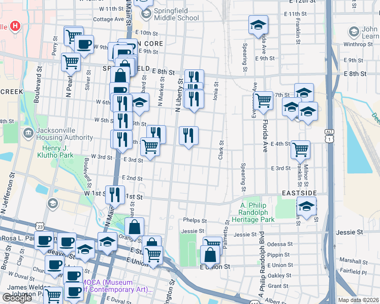 map of restaurants, bars, coffee shops, grocery stores, and more near 415 East 3rd Street in Jacksonville