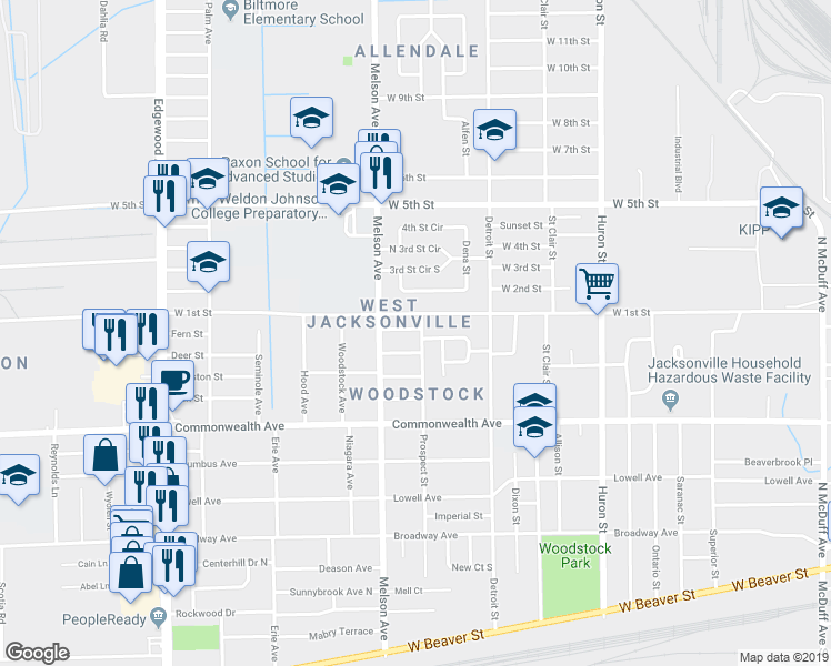 map of restaurants, bars, coffee shops, grocery stores, and more near 3115 Placeda Street in Jacksonville
