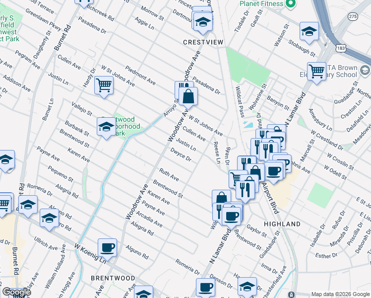 map of restaurants, bars, coffee shops, grocery stores, and more near 1206 Dwyce Drive in Austin