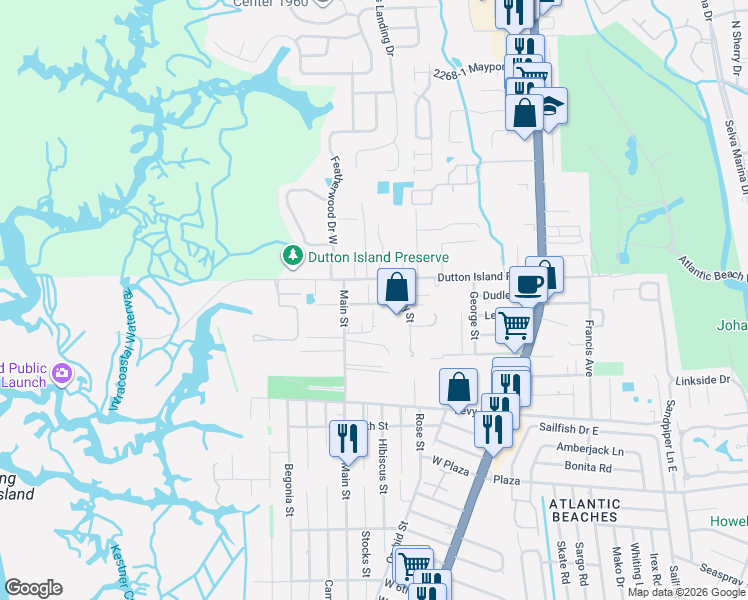 map of restaurants, bars, coffee shops, grocery stores, and more near 482 Stewart Street in Atlantic Beach