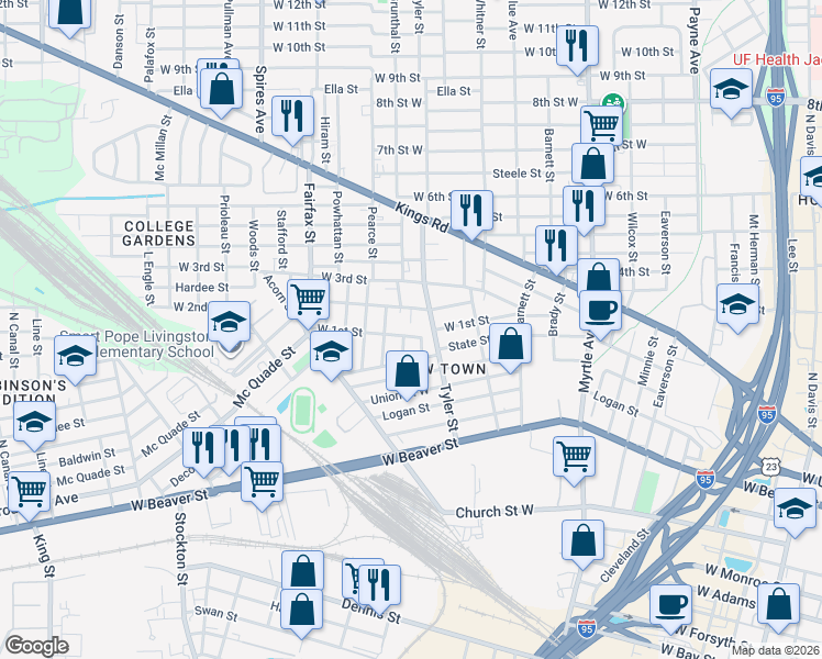 map of restaurants, bars, coffee shops, grocery stores, and more near 1020 Lawrence Street in Jacksonville