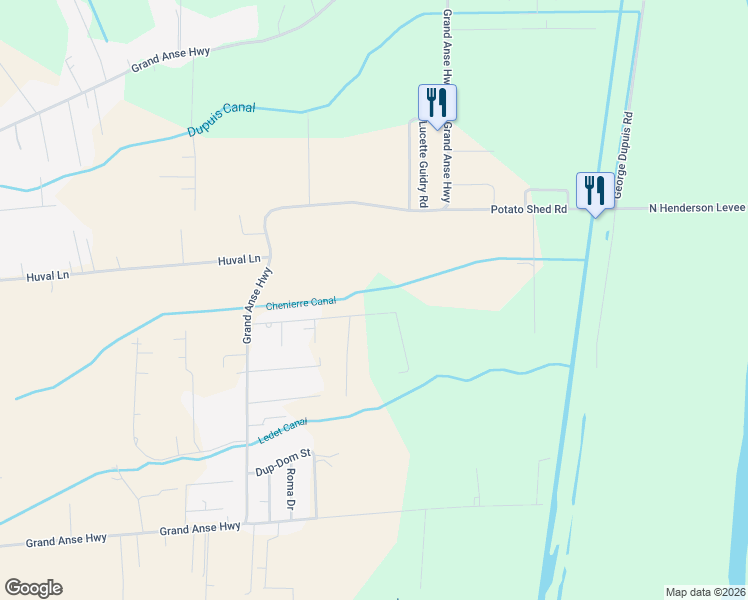 map of restaurants, bars, coffee shops, grocery stores, and more near 1058 Melancon Drive in Breaux Bridge
