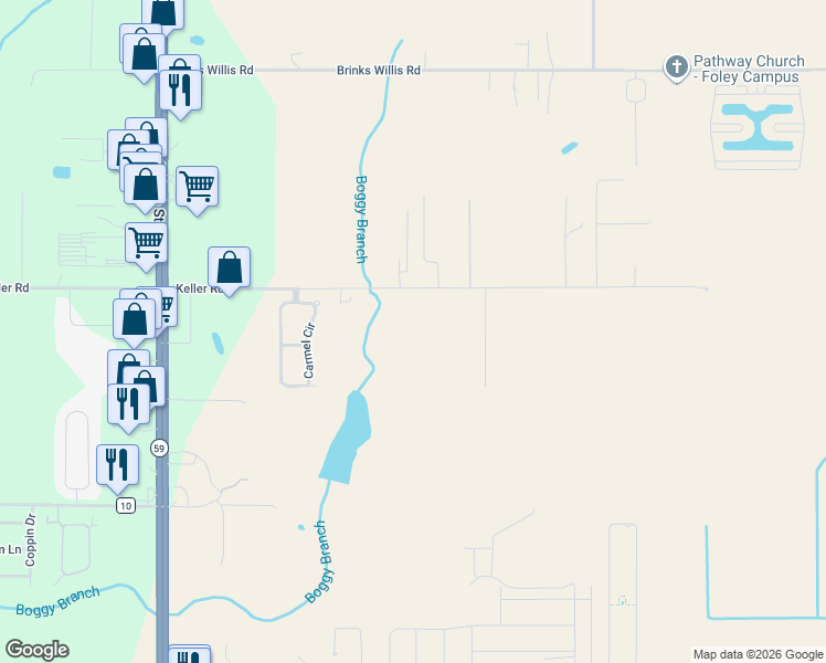 map of restaurants, bars, coffee shops, grocery stores, and more near 1501 Dogwood Lane in Foley