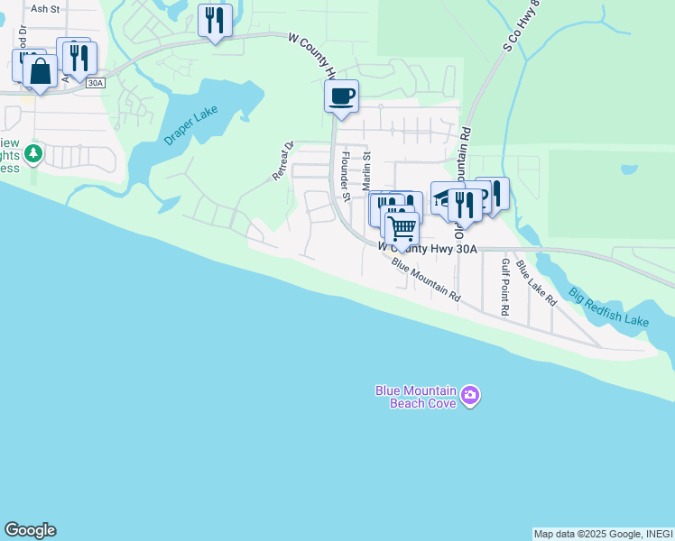 map of restaurants, bars, coffee shops, grocery stores, and more near 2423 West County Highway 30A in Santa Rosa Beach