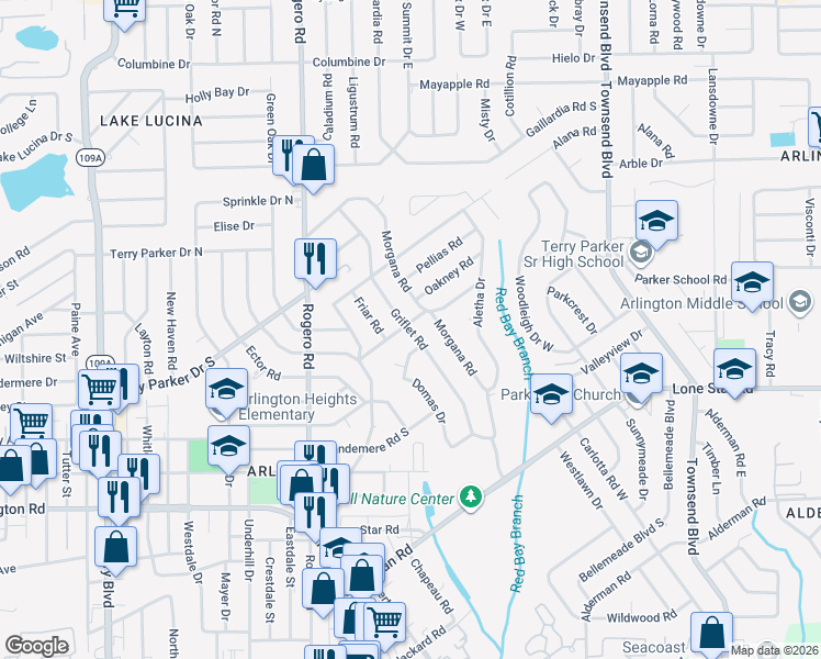 map of restaurants, bars, coffee shops, grocery stores, and more near 1500 Griflet Road in Jacksonville