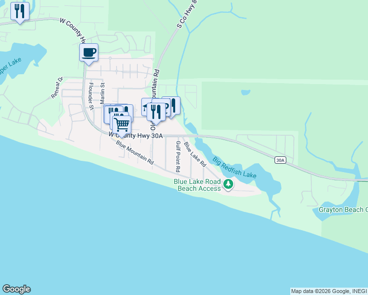 map of restaurants, bars, coffee shops, grocery stores, and more near 10 Sea Oates Road in Santa Rosa Beach