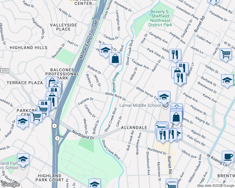 map of restaurants, bars, coffee shops, grocery stores, and more near 6100 Shoal Creek Boulevard in Austin