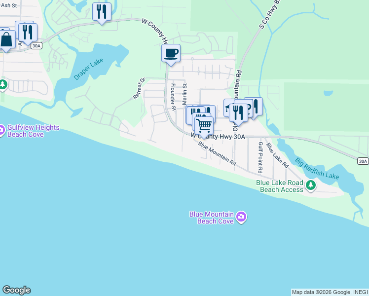 map of restaurants, bars, coffee shops, grocery stores, and more near 2381 County Road 30A in Santa Rosa Beach