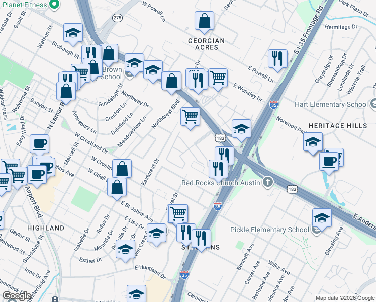 map of restaurants, bars, coffee shops, grocery stores, and more near 7485 Chevy Chase Dr in Austin