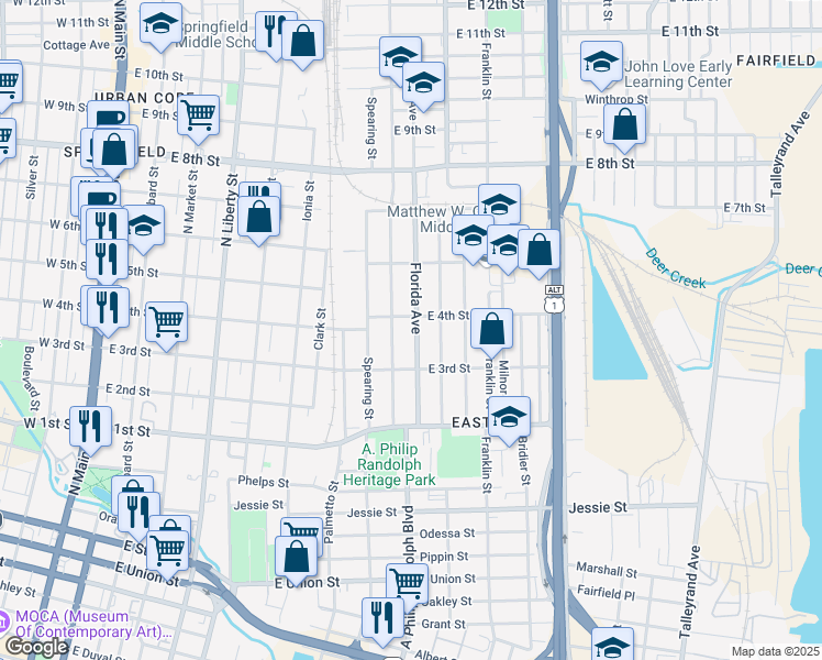 map of restaurants, bars, coffee shops, grocery stores, and more near 1323 Florida Avenue in Jacksonville