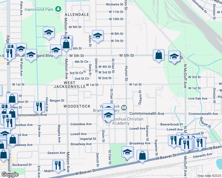 map of restaurants, bars, coffee shops, grocery stores, and more near 1061 Rhonda Road in Jacksonville