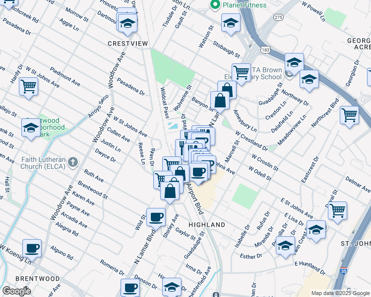 map of restaurants, bars, coffee shops, grocery stores, and more near in Austin