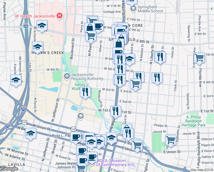 map of restaurants, bars, coffee shops, grocery stores, and more near 28 West 3rd Street in Jacksonville