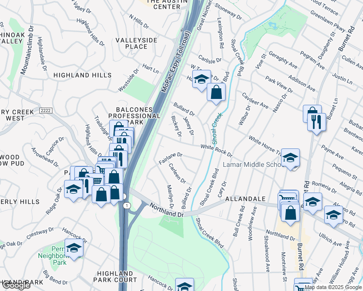 map of restaurants, bars, coffee shops, grocery stores, and more near 5916 Rickey Drive in Austin