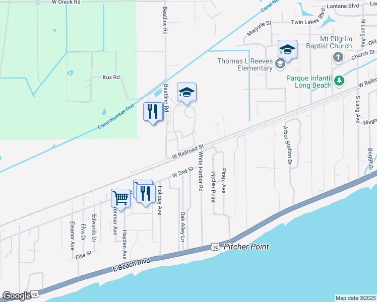 map of restaurants, bars, coffee shops, grocery stores, and more near 1170 West Railroad Street in Long Beach