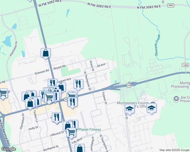 map of restaurants, bars, coffee shops, grocery stores, and more near 300 Moss Hill Lane in Conroe