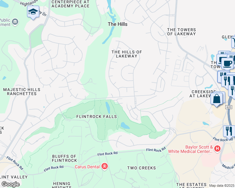 map of restaurants, bars, coffee shops, grocery stores, and more near 3 Waterfall Drive in The Hills