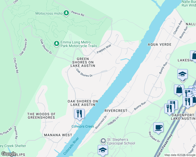 map of restaurants, bars, coffee shops, grocery stores, and more near 3404 Beartree Circle in Austin