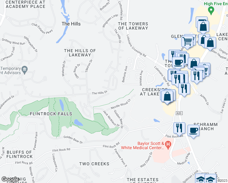 map of restaurants, bars, coffee shops, grocery stores, and more near 23 Hightrail Way in The Hills