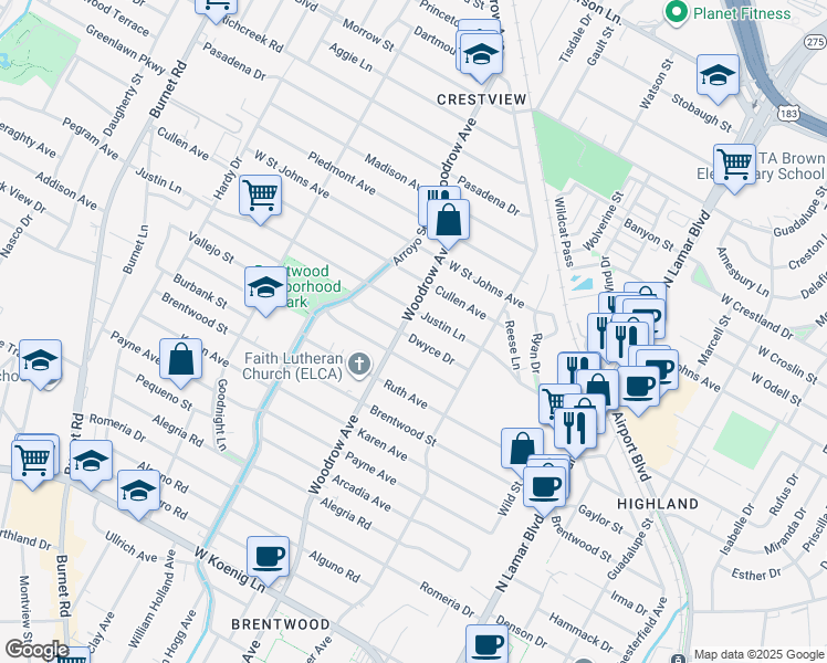 map of restaurants, bars, coffee shops, grocery stores, and more near 1310 Dwyce Drive in Austin