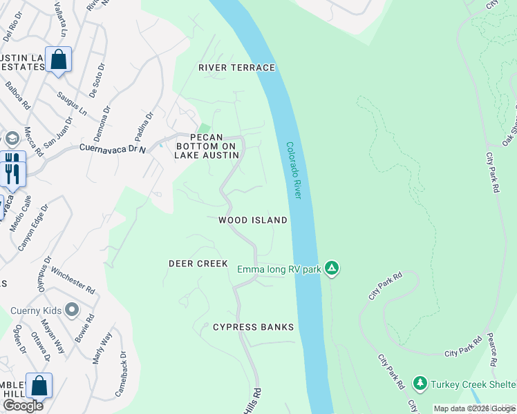 map of restaurants, bars, coffee shops, grocery stores, and more near 2314 Island Wood Road in Austin