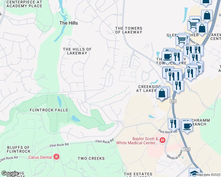 map of restaurants, bars, coffee shops, grocery stores, and more near 23 Hightrail Way in Austin