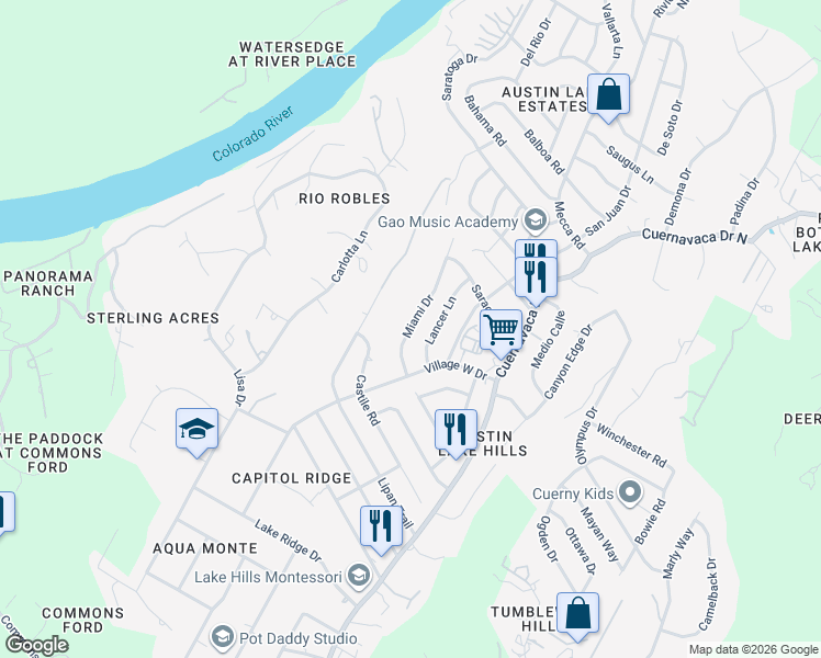 map of restaurants, bars, coffee shops, grocery stores, and more near Miami Drive in Austin