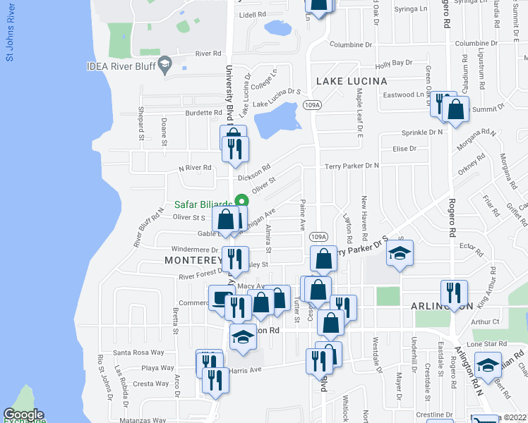 map of restaurants, bars, coffee shops, grocery stores, and more near 5733 Michigan Avenue in Jacksonville