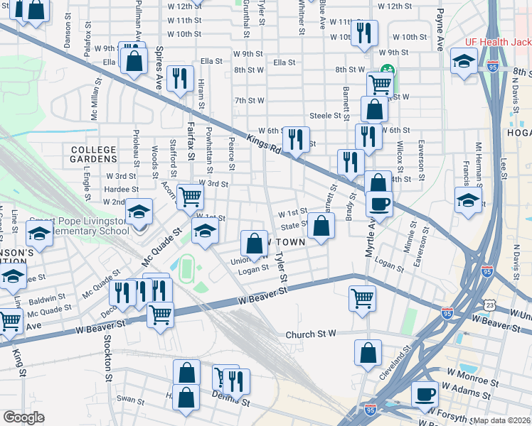 map of restaurants, bars, coffee shops, grocery stores, and more near 1625 West 2nd Street in Jacksonville