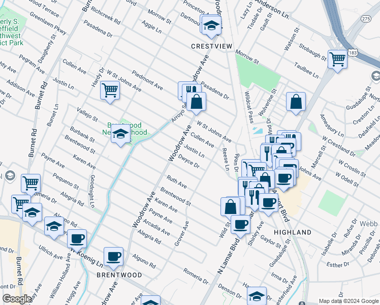map of restaurants, bars, coffee shops, grocery stores, and more near 1303 Cullen Avenue in Austin